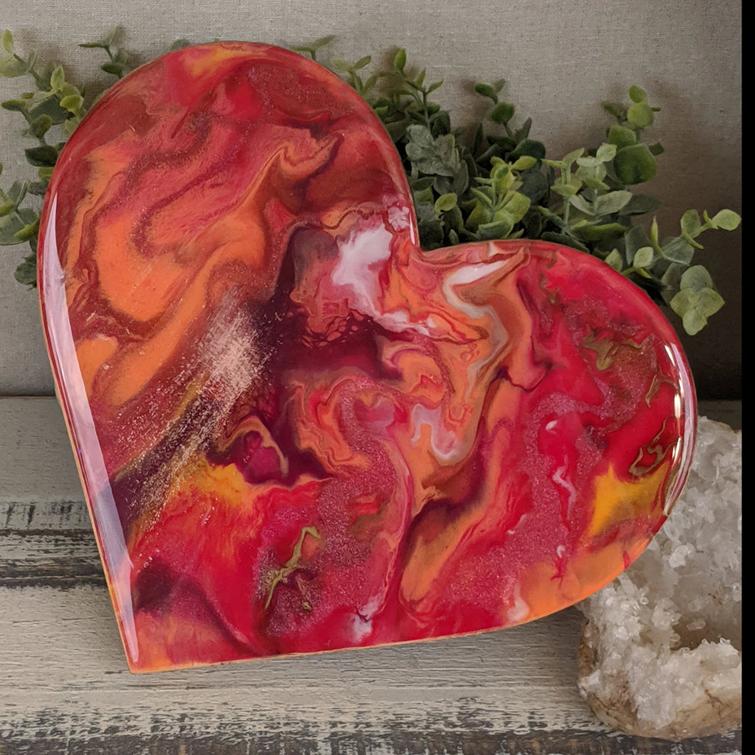 abstract fluid heart with orange, dark red and bright red and gold