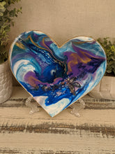 fluid resin heart painting with organic blue, teal, purple and white with gold and fire glass and crystal points