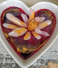 white ceramic heart trinket dish with pink and gold resin and crystal cluster