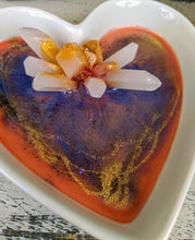white ceramic heart with peach lavender and gold resin and crystal cluster
