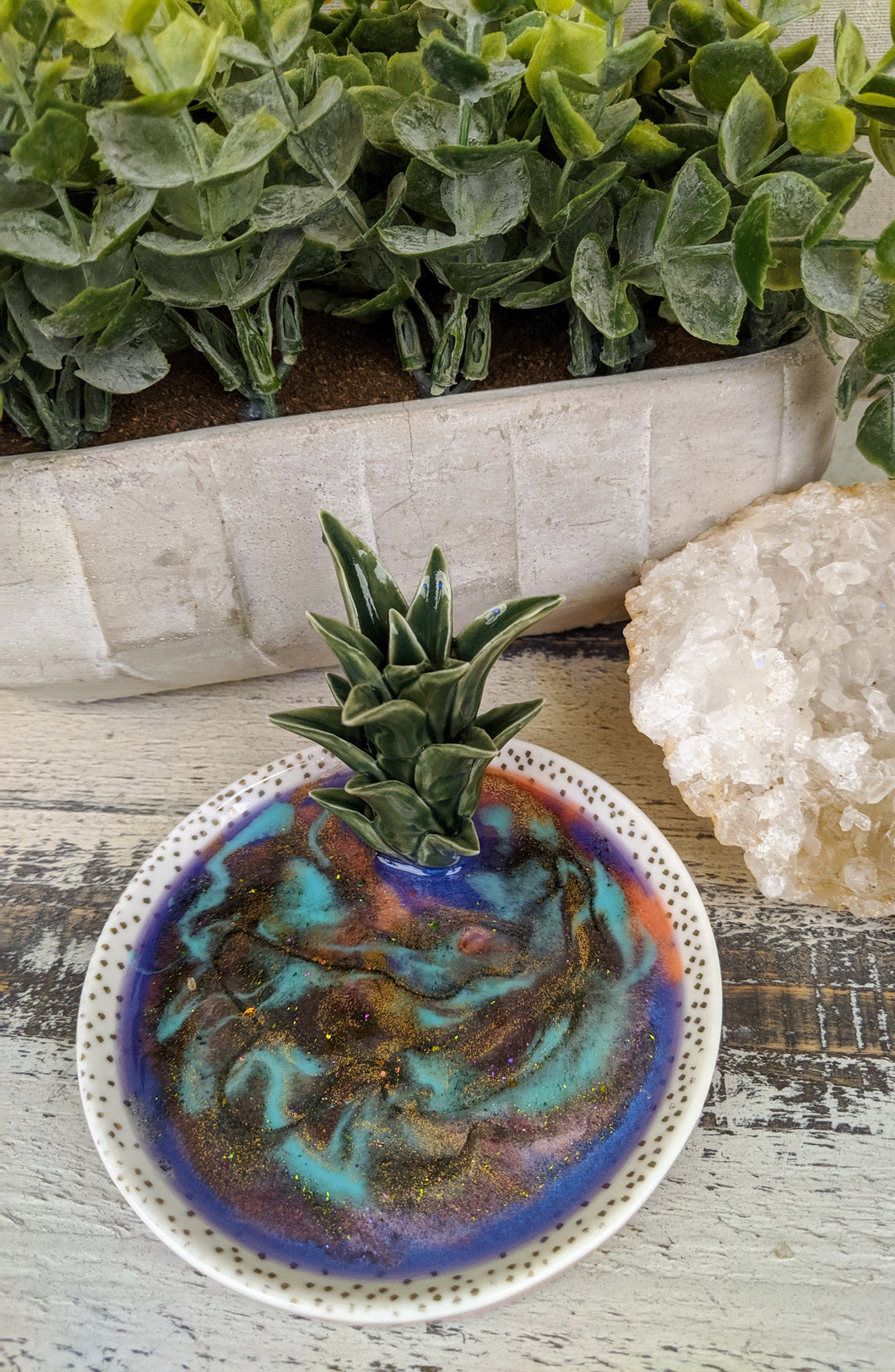 pink and gold trinket dish with cactus and colored resin lavender teal green