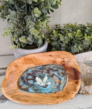 acacia wood trinket dish with resin in teal and glitter with faux crystals