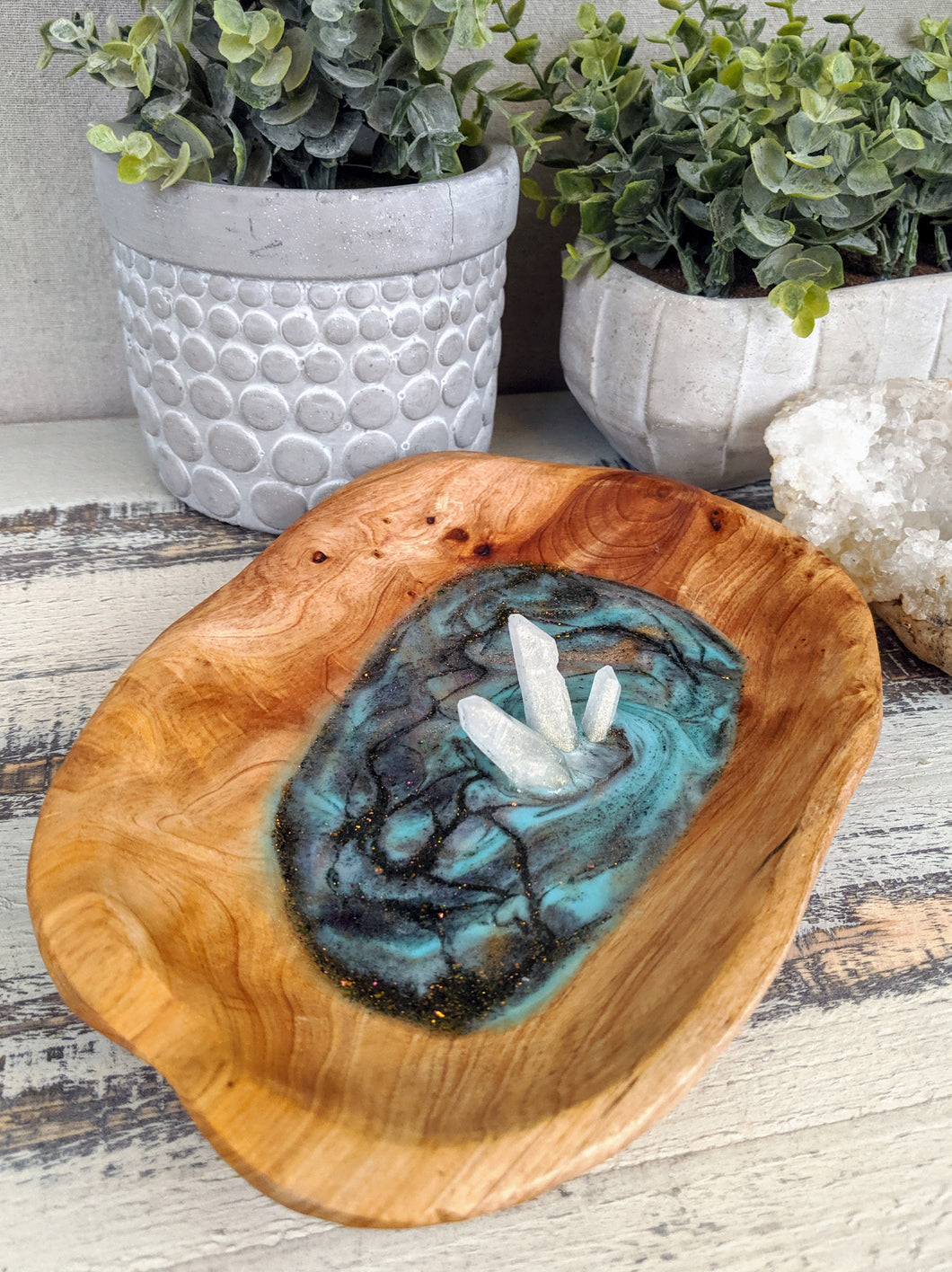 acacia wood trinket dish with resin in teal and glitter with faux crystals