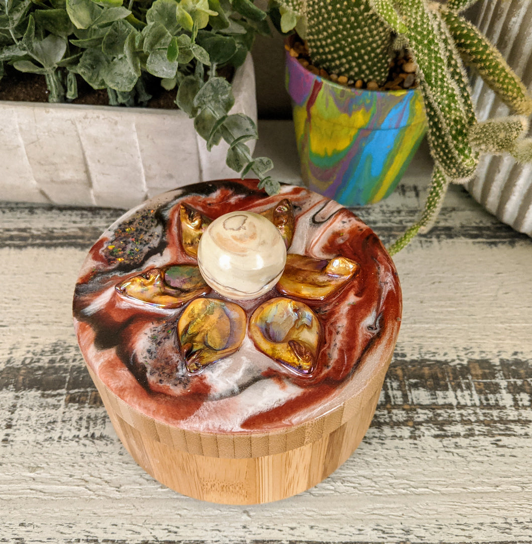 bamboo salt pepper canister with orange resin shells and round agate