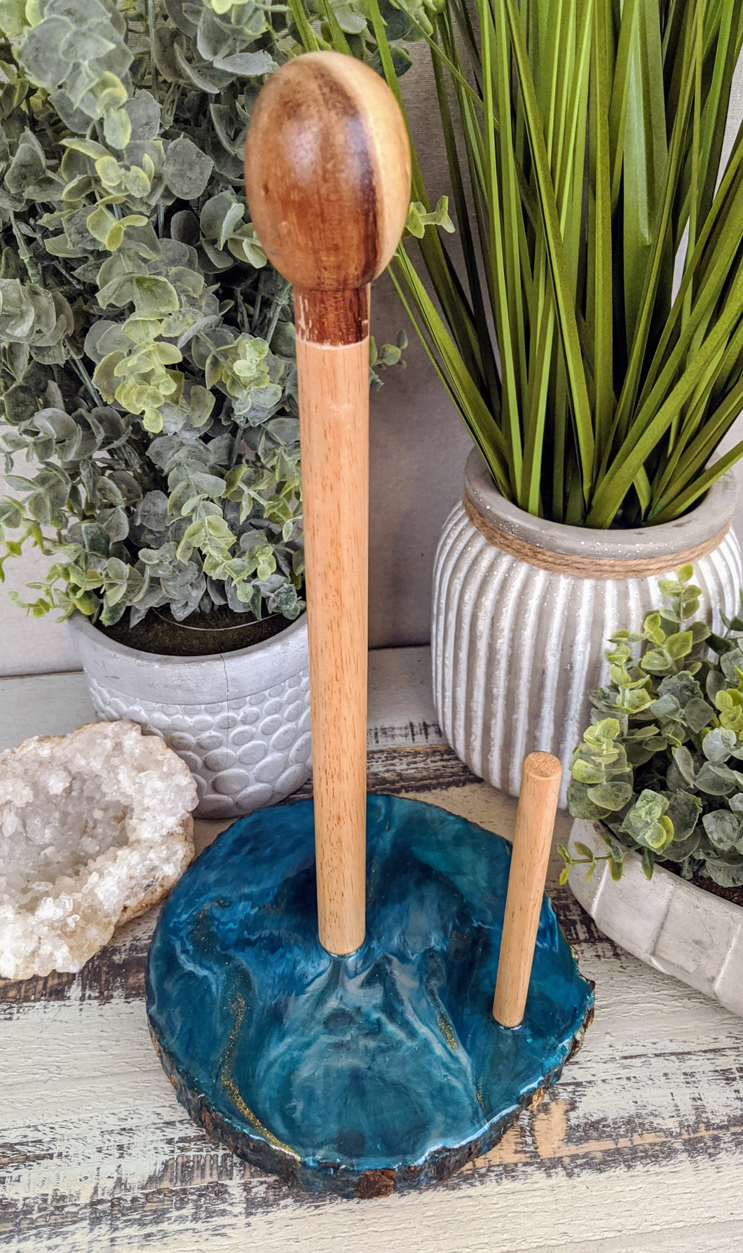 wood paper towel holder with teal white resin and gold glitter