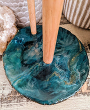 wood paper towel holder with teal white resin and gold glitter