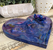 abstract fluid resin heart blue purple pink gold with crystal cluster