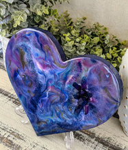 abstract fluid resin heart blue purple pink gold with crystal cluster