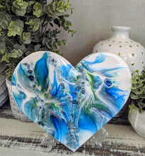 abstract blue green white resin heart with fire glass