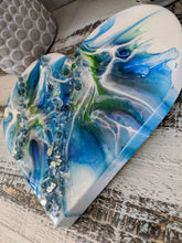 abstract blue green white resin heart with fire glass