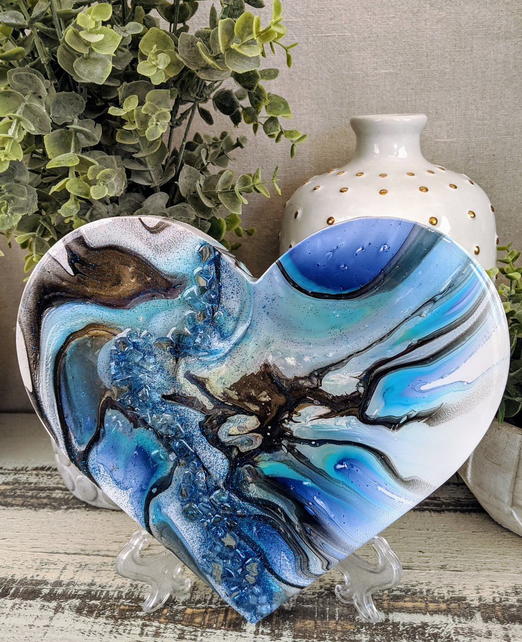 abstract fluid heart blue black resin and fire glass