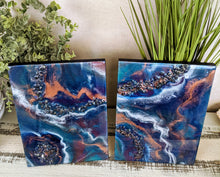 vibrant abstract resin art in blue and teal diptych