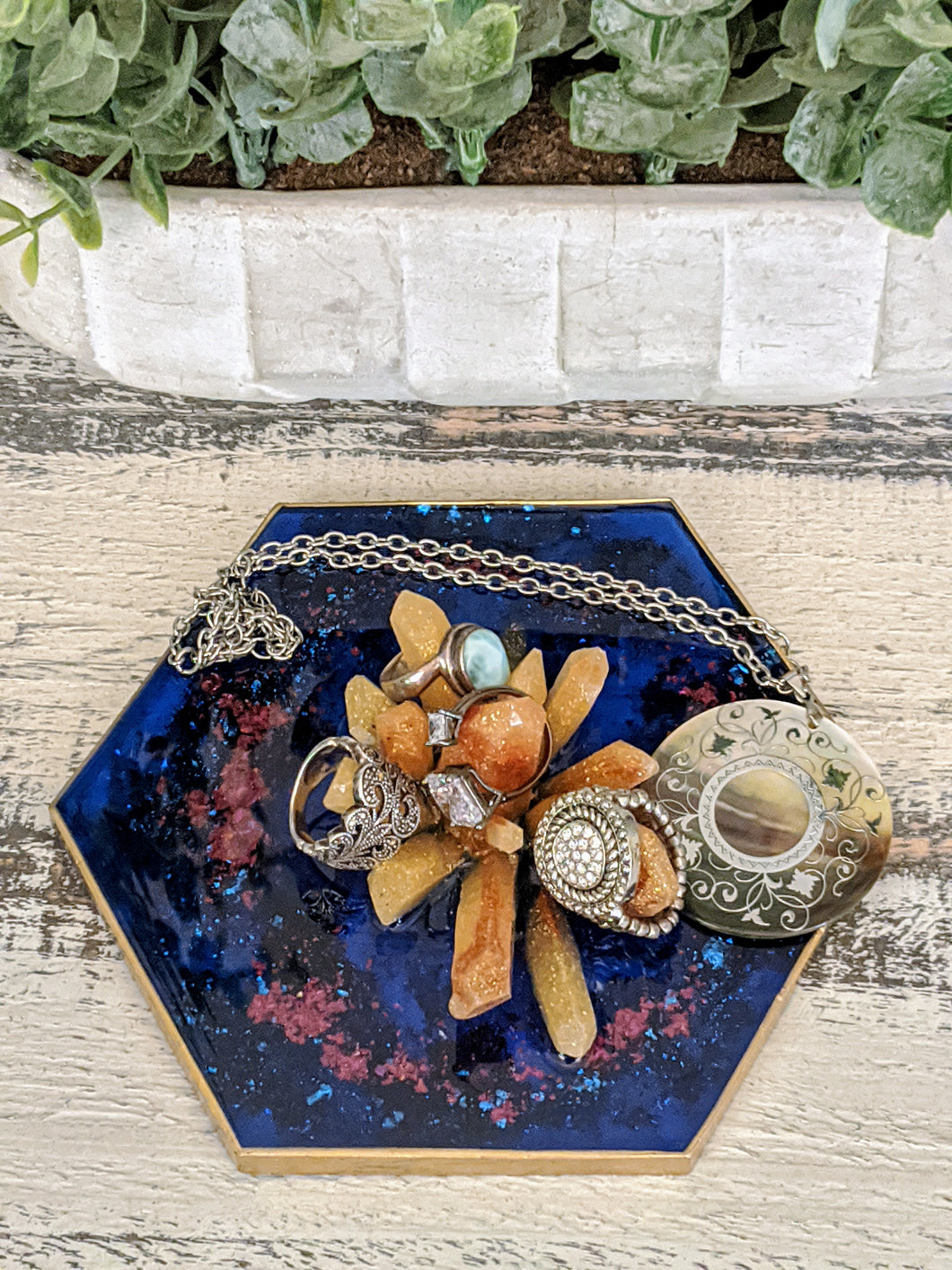 Ring Dish - Octagon Blue and Gold Crystal Cluster