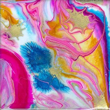 abstract fluid acrylic painting with texture and vibrant blue magenta colors