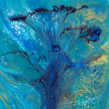 abstract fluid acrylic painting with vibrant blue green colors and flower