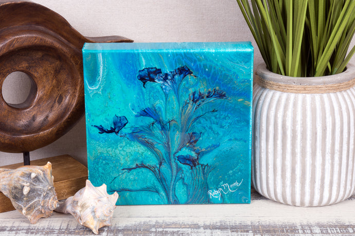 abstract fluid acrylic painting with vibrant blue green colors and flower