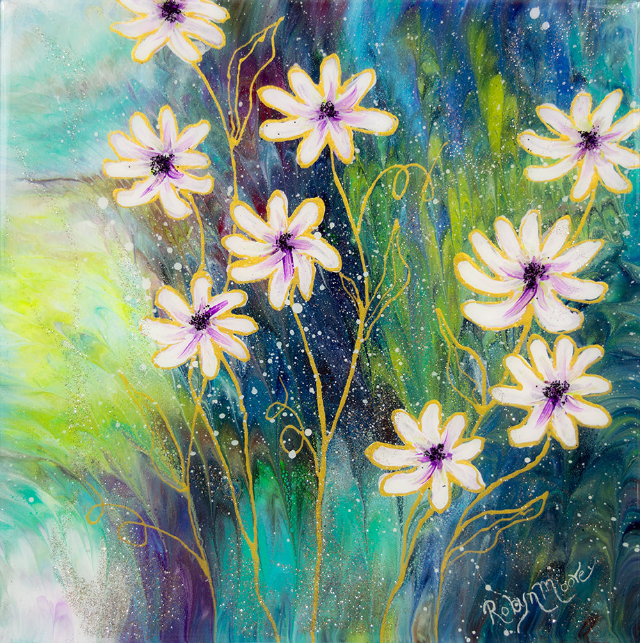 abstract fluid acrylic white daisy painting with texture and vibrant blue colors