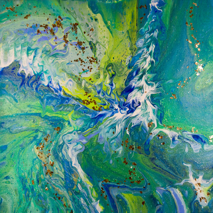 organic swirls of blue, teal, green, lavender and white accented with silver flake