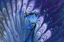 close up abstract fluid whimsical peacock in blues teal and purple