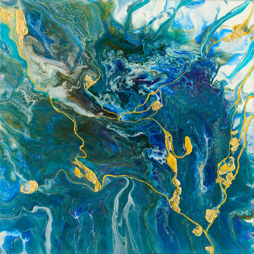 organic swirls of blue, teal, green and white accented with gold foil