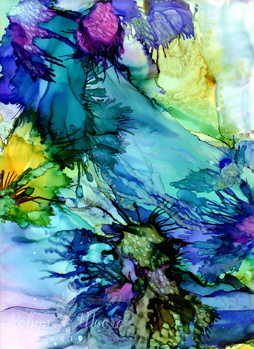 alcohol ink in blue teal abstract color flower splashes on yupo paper