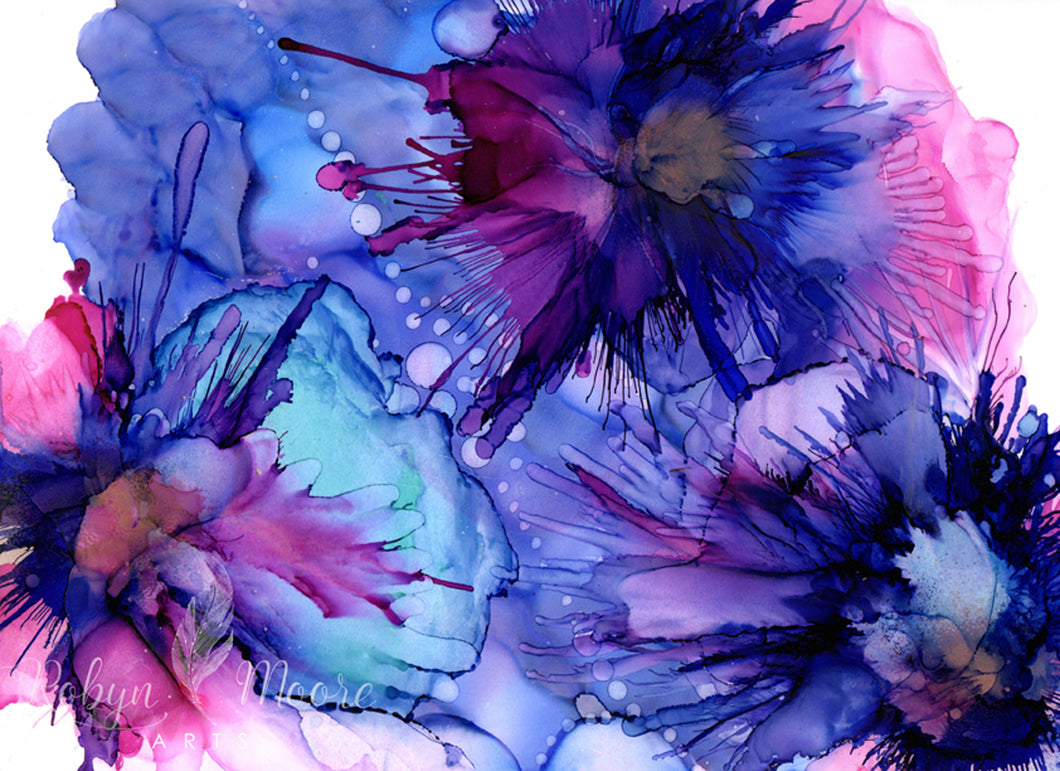 abstract alcohol ink blue purple flowers on yupo paper