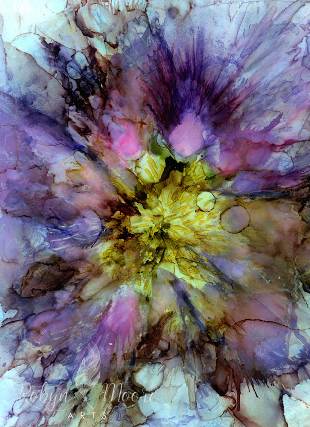 abstract lavender purple flower alcohol ink on yupo paper