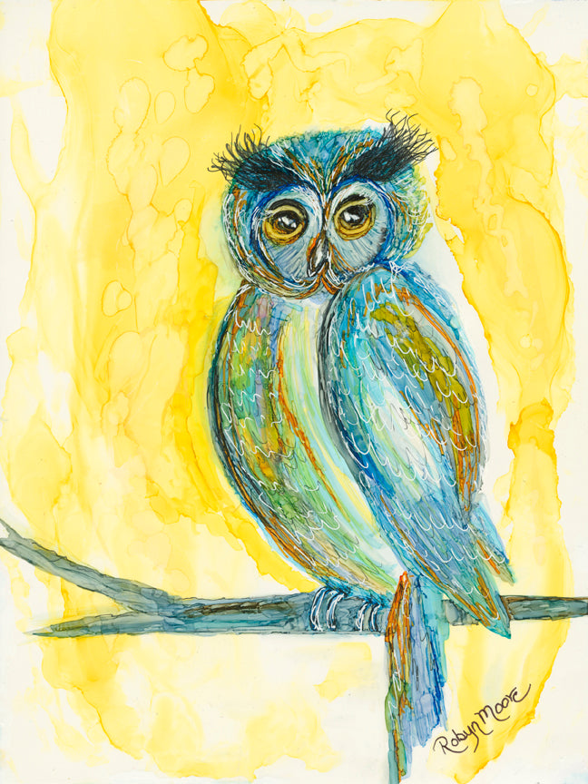 Alcohol ink painting of bright sunny wise owl perched on tree limb