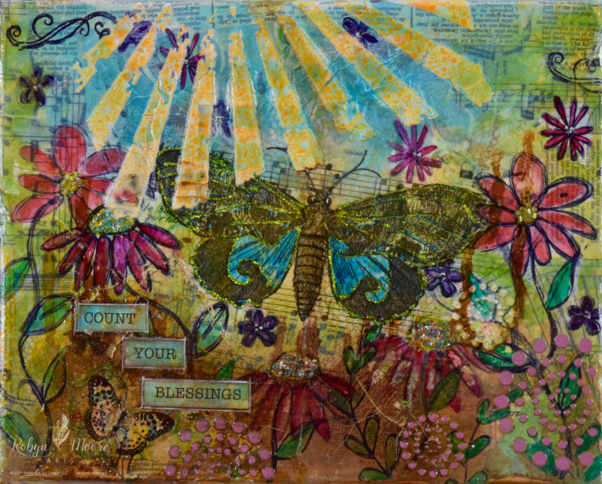mixed media textured rays of sun wildflowers butterflies with the words