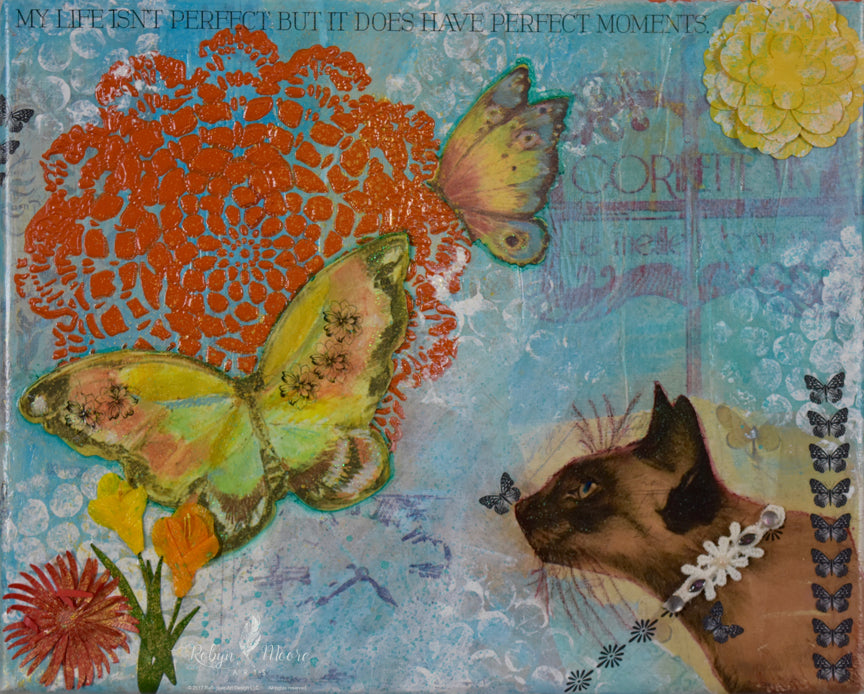 mixed media and texture kitty blue background with butterflies flowers