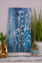 abstract fluid acrylic painting vibrant blue colors with white and copper flowers