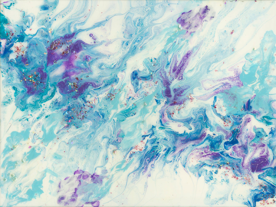 organic swirls of blue, teal, purple on white background with iridescent flakes 