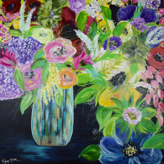 vase of textured multiple type and color overflowing flowers acrylic painting