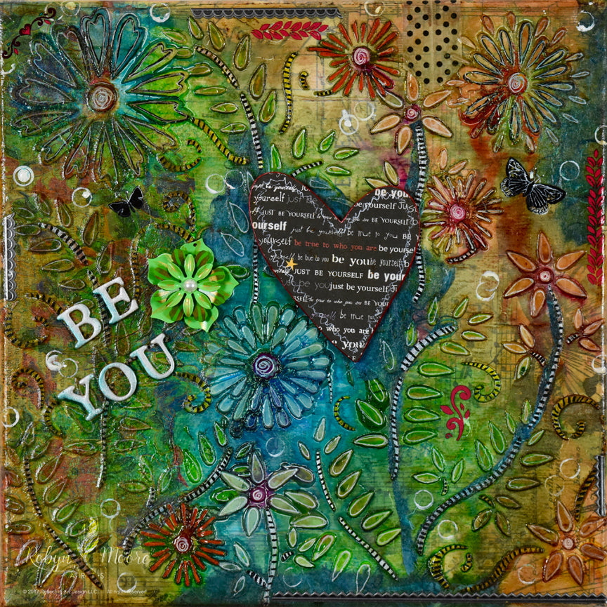 summer flower and fern field with layers of texture colors interesting elements printed heart in center
