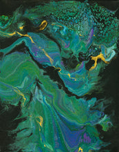 organic swirls of blue, teal, green and gold on black background