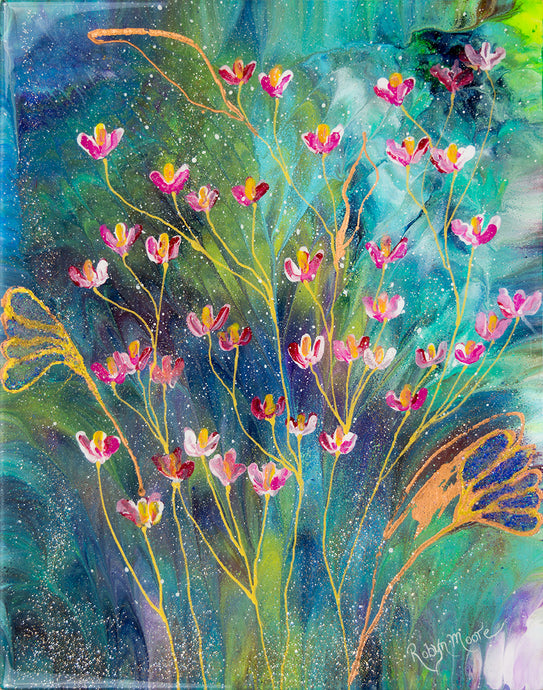 abstract fluid acrylic floral painting with texture and vibrant blue pink colors