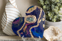 blue and pink heart with gold and stones