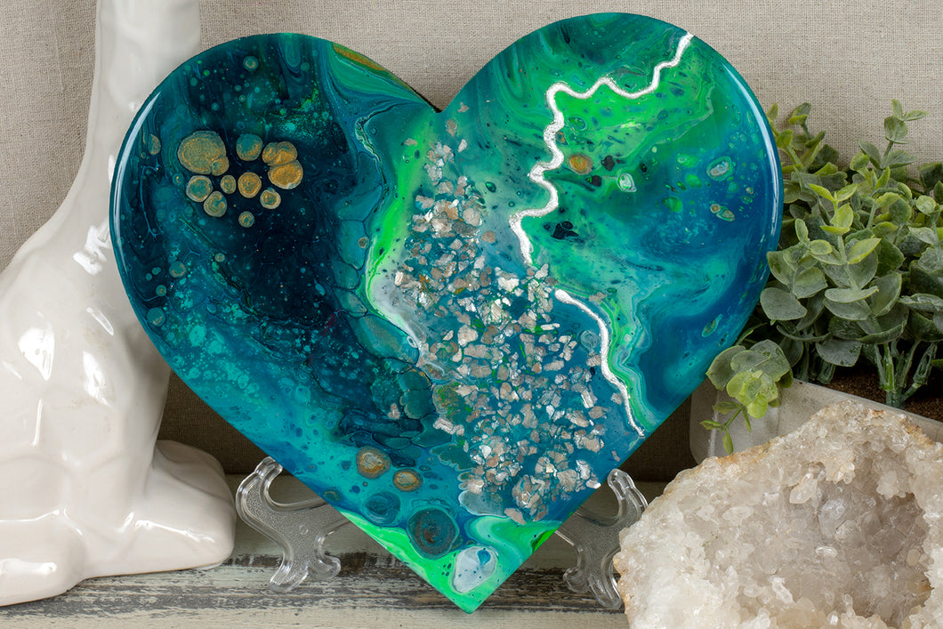 organic swirl blue green teal heart with silver flakes