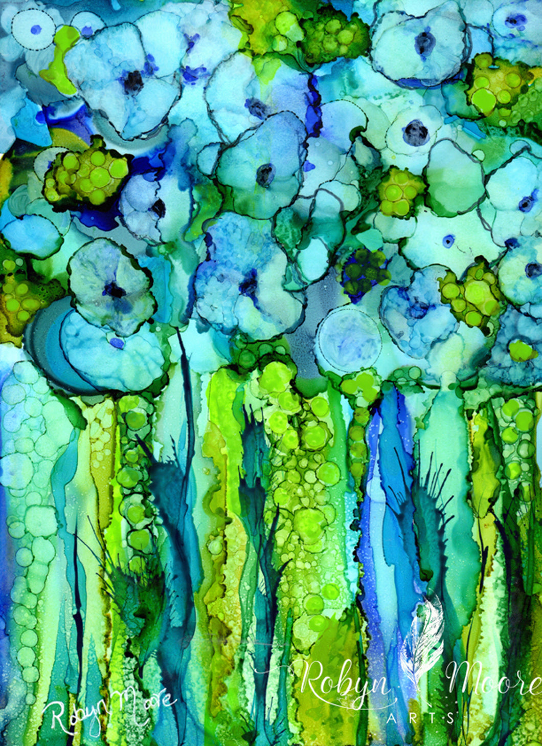 abstract alcohol ink pond with flowers
