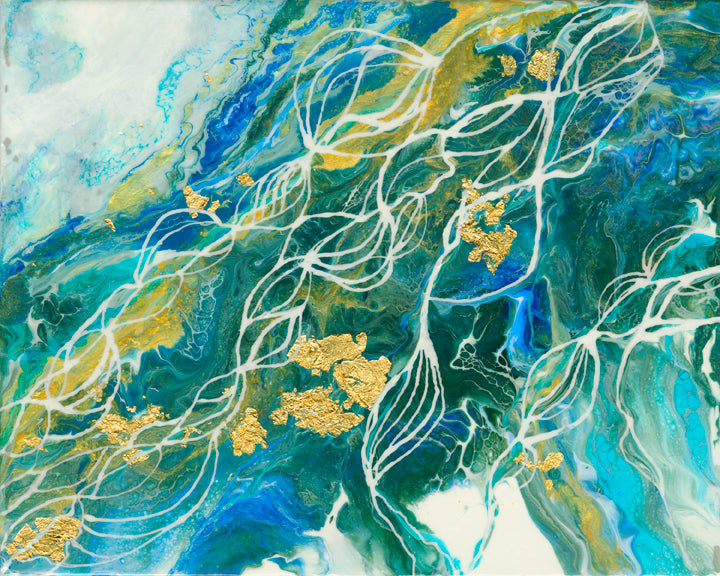 organic swirls of blue, teal, green and white accented with gold foil and white line detail.