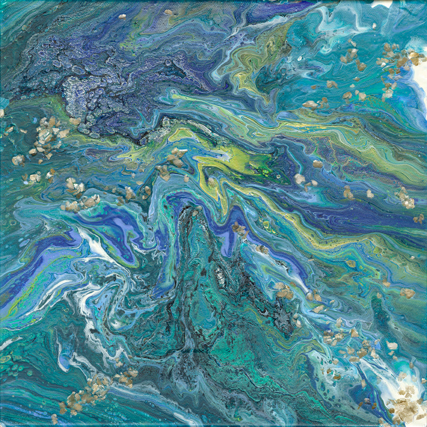 organic swirls of blue, teal, purple and white accented with silver flake