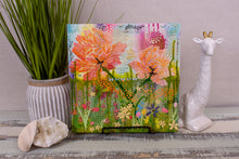 multi layered mixed media textured flower garden of peonies and wildflowers with sky and grass