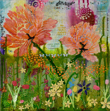 multi layered mixed media textured flower garden of peonies and wildflowers with sky and grass