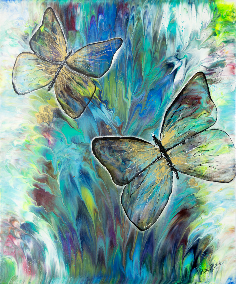 butterfly painting on blue teal green purple background 