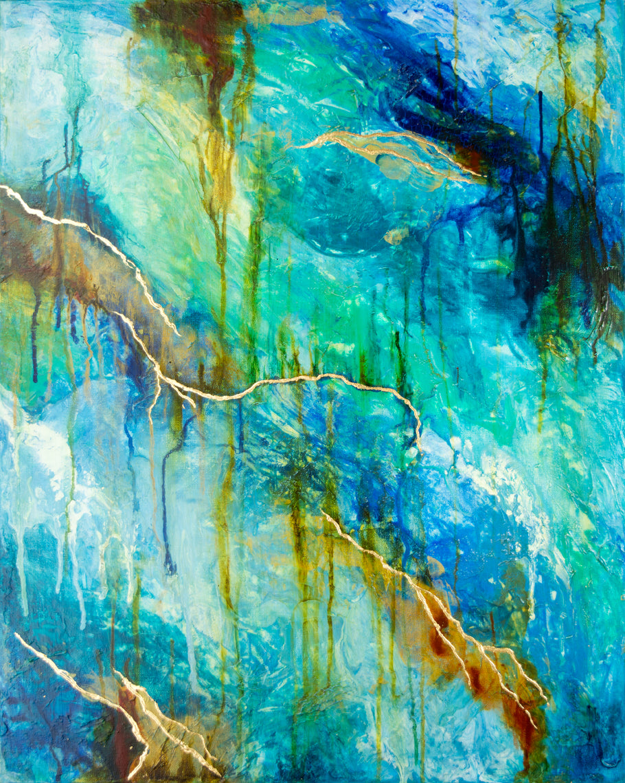 abstract acrylic painting with texture in blue, teal, white and gold colors