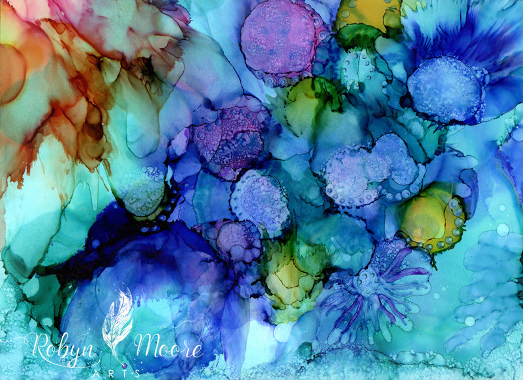 Bright lively abstract alcohol ink with texture.