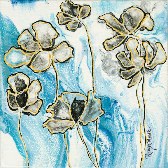 flowers layered on top of blue watercolor background 