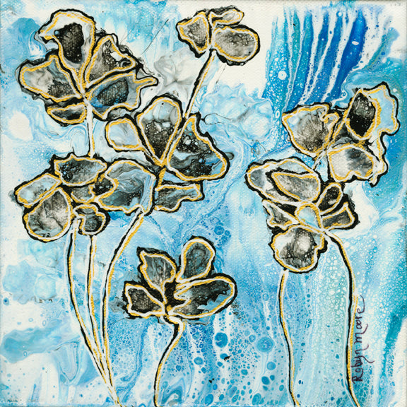 flowers layered on top of blue watercolor background 