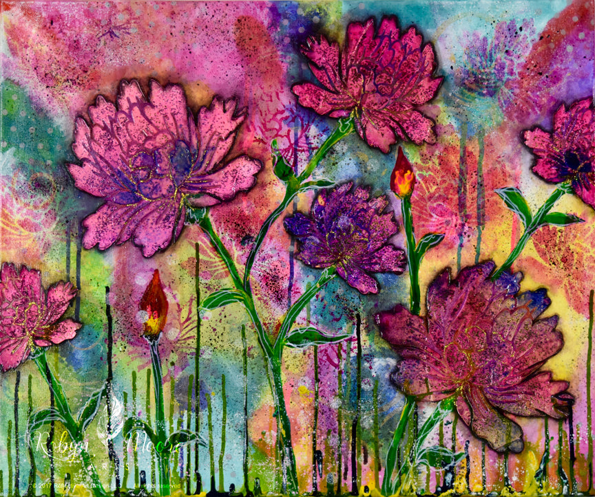 peony flower garden watercolor rainbow background with peony imprints