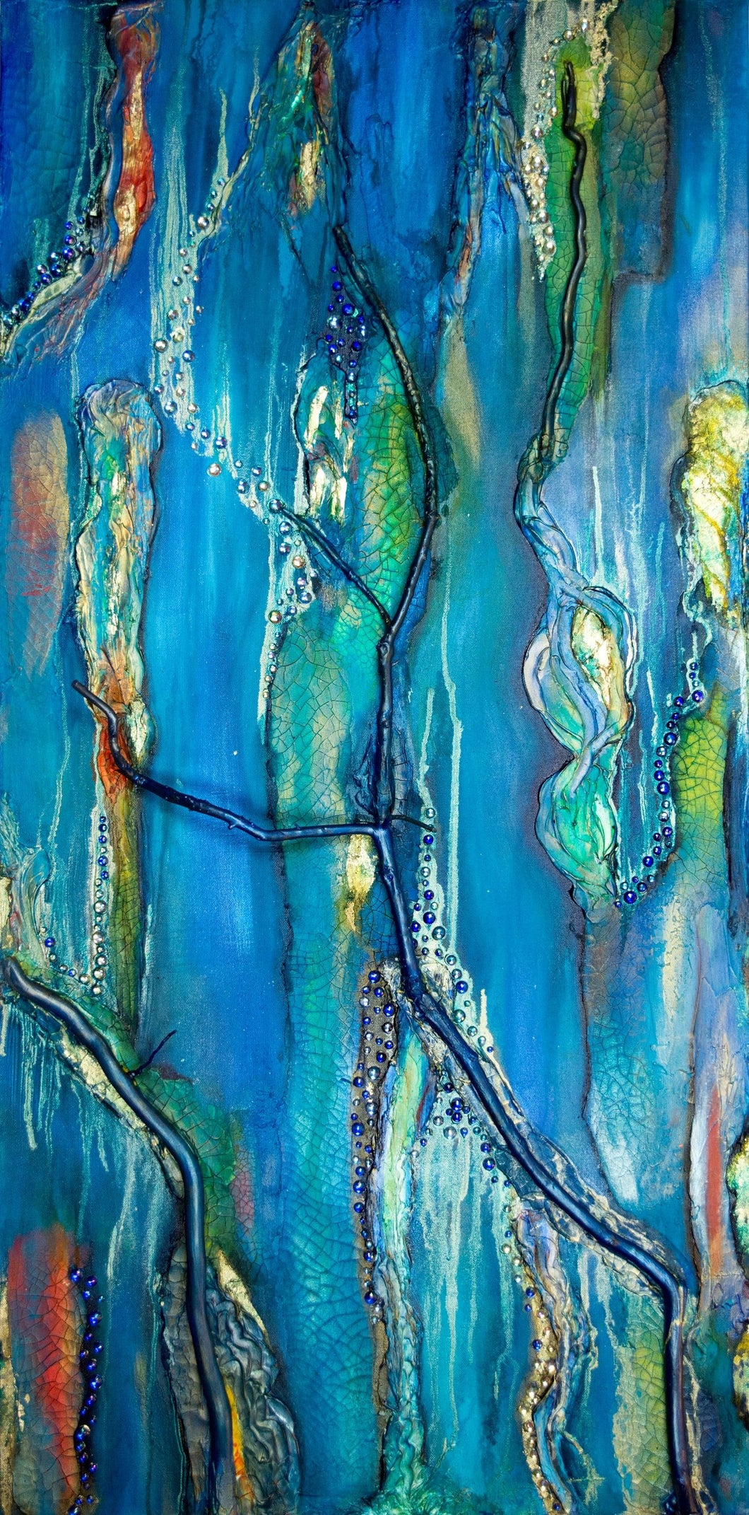 vibrant blue abstract textured acrylic ink painting with natural branches